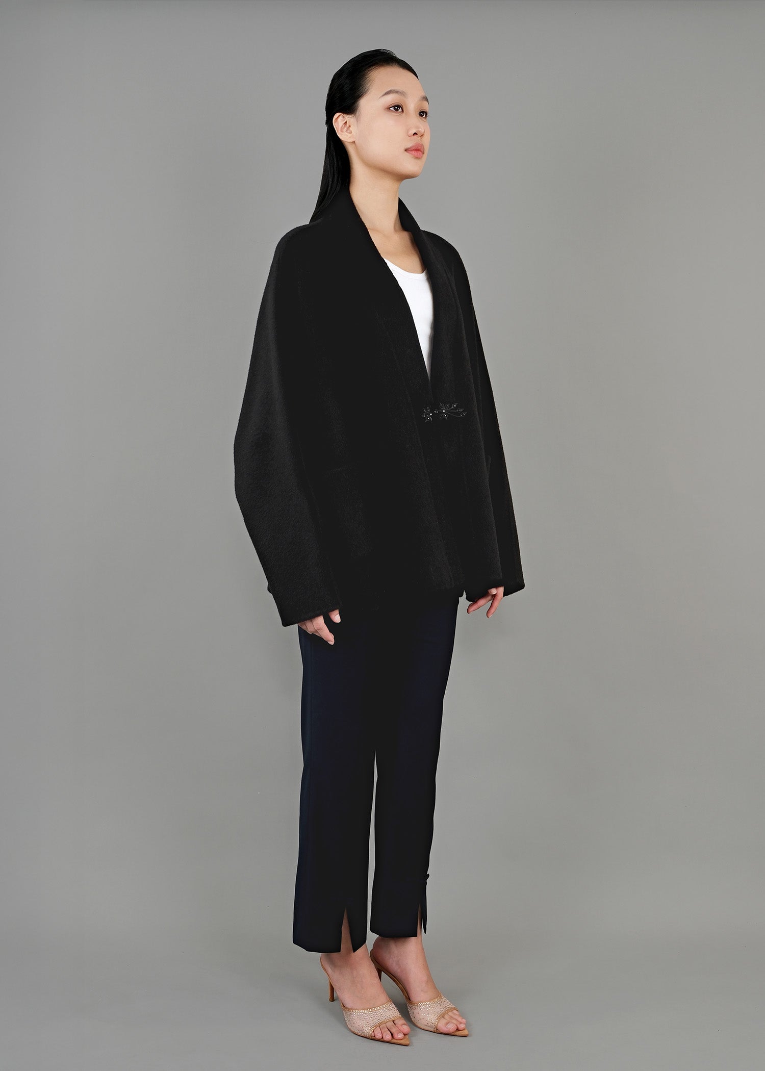 寬鬆盤扣開襟外套 (黑色)