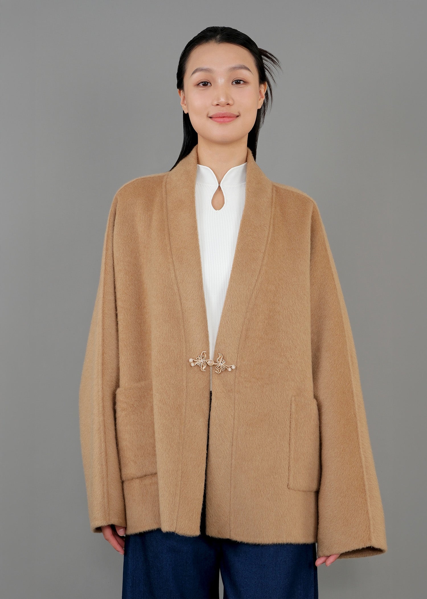 寬鬆盤扣開襟外套 (駝色)