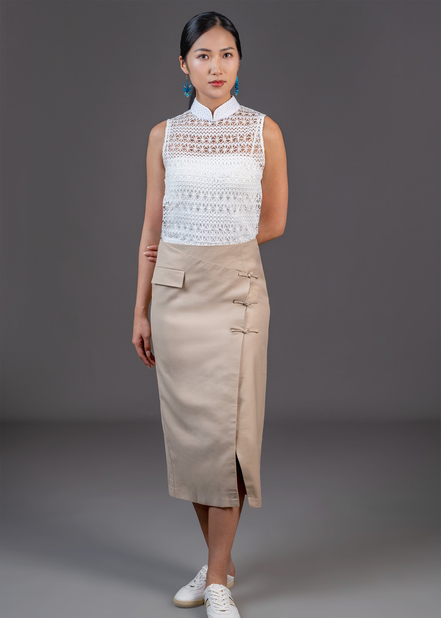 無袖鉤針式旗袍上衣 (米色)