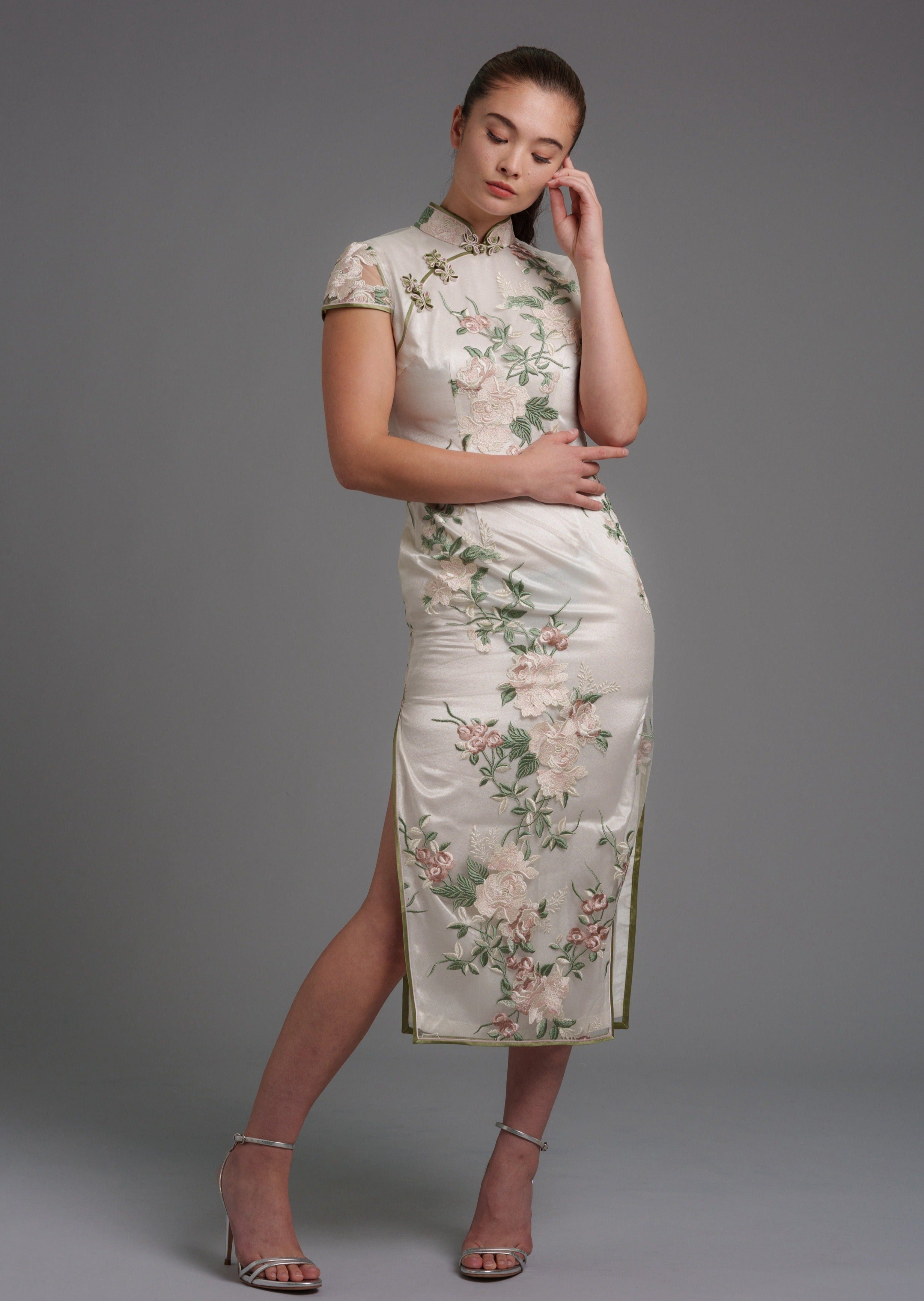 Paperwhites Cap Sleeve Lace Qipao (White/ Green)