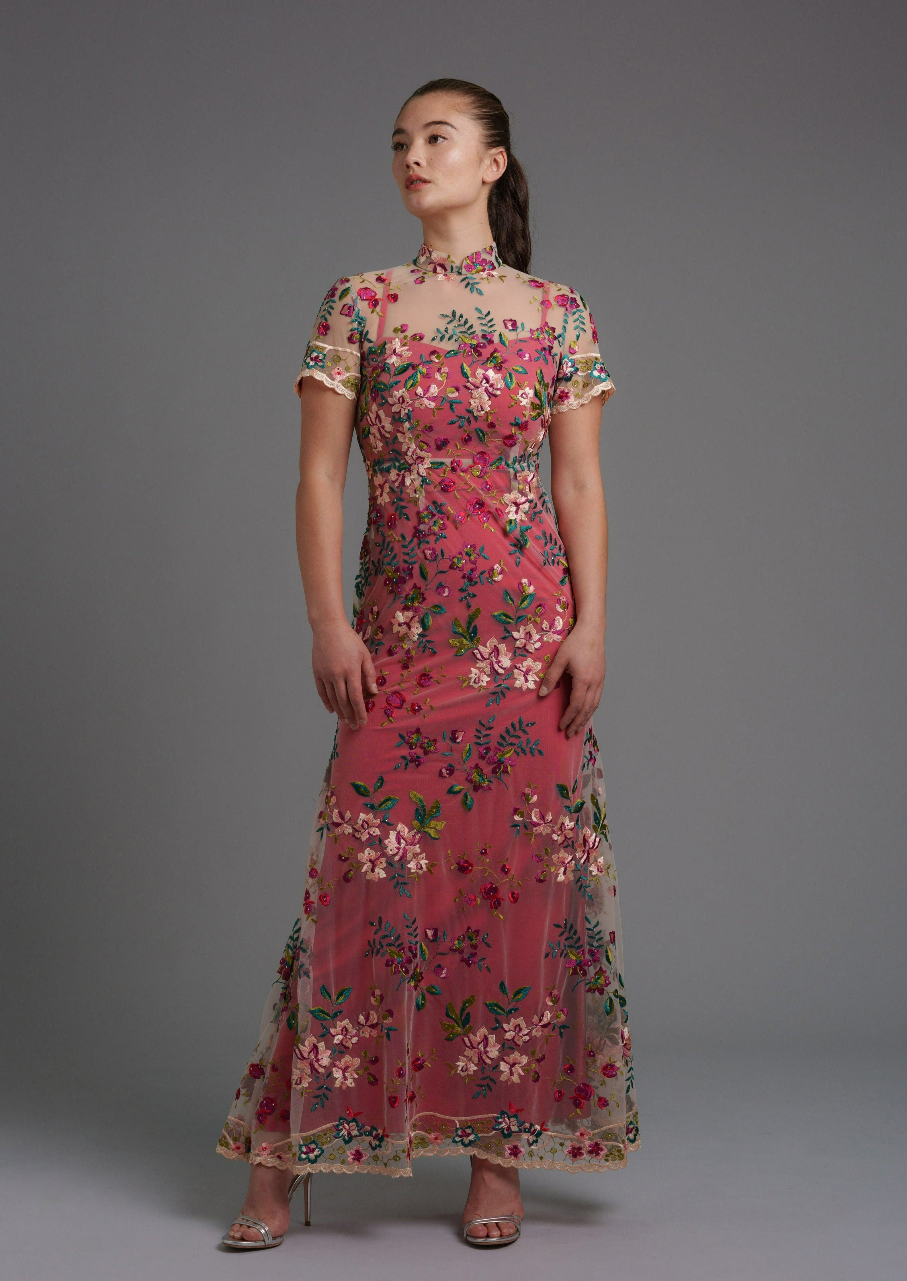 Lotus Short Sleeves Qipao Gown