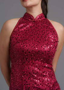 Cineraria All Over Sequins Halter Qipao (Deep Red)