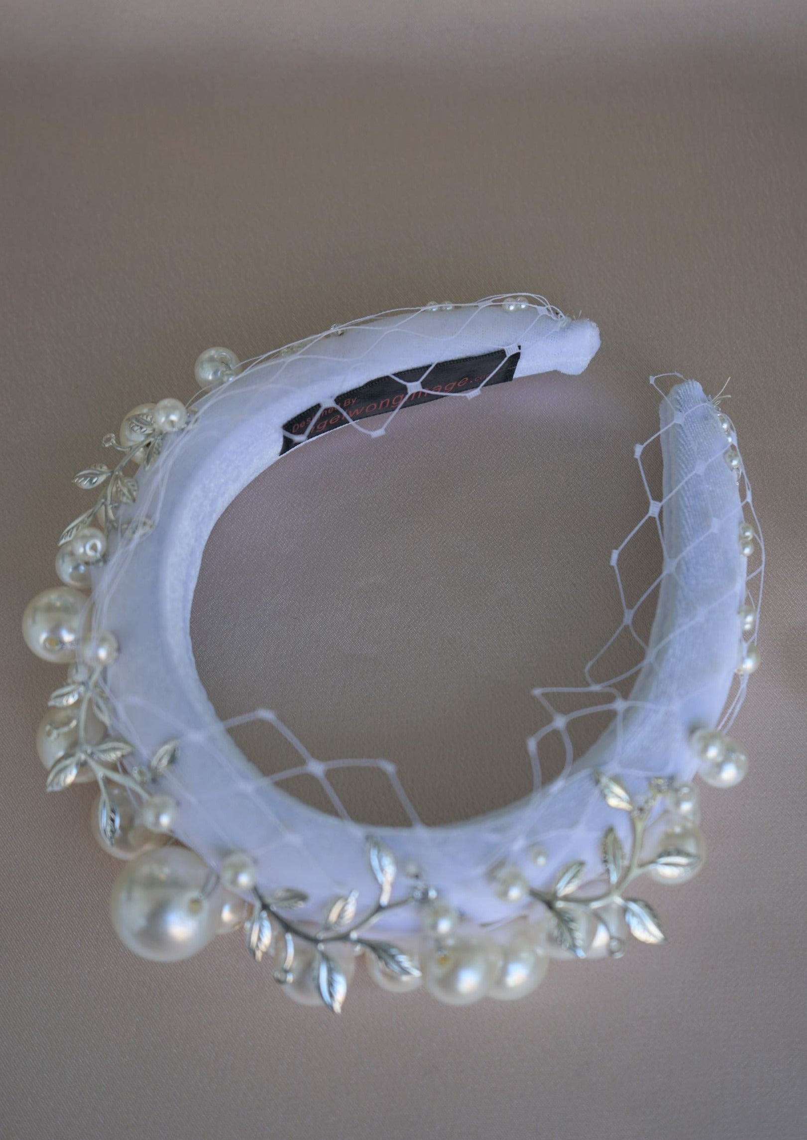 Oversized Pearl & Crystal Velvet Headband (White)