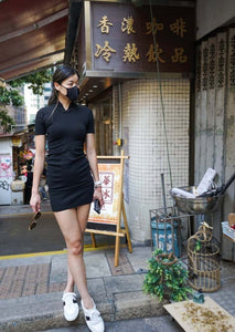 Short Sleeves Ruched Knitted Mini Qipao (Black)