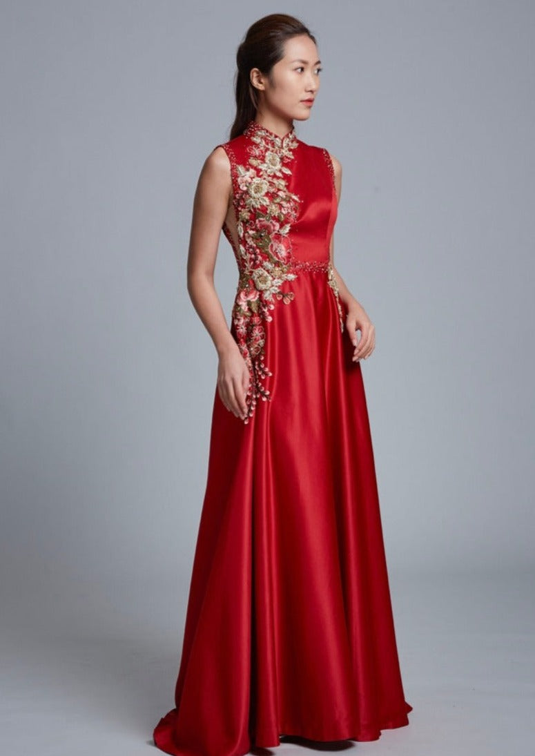 Red Bauhinia A-line Qipao Gown