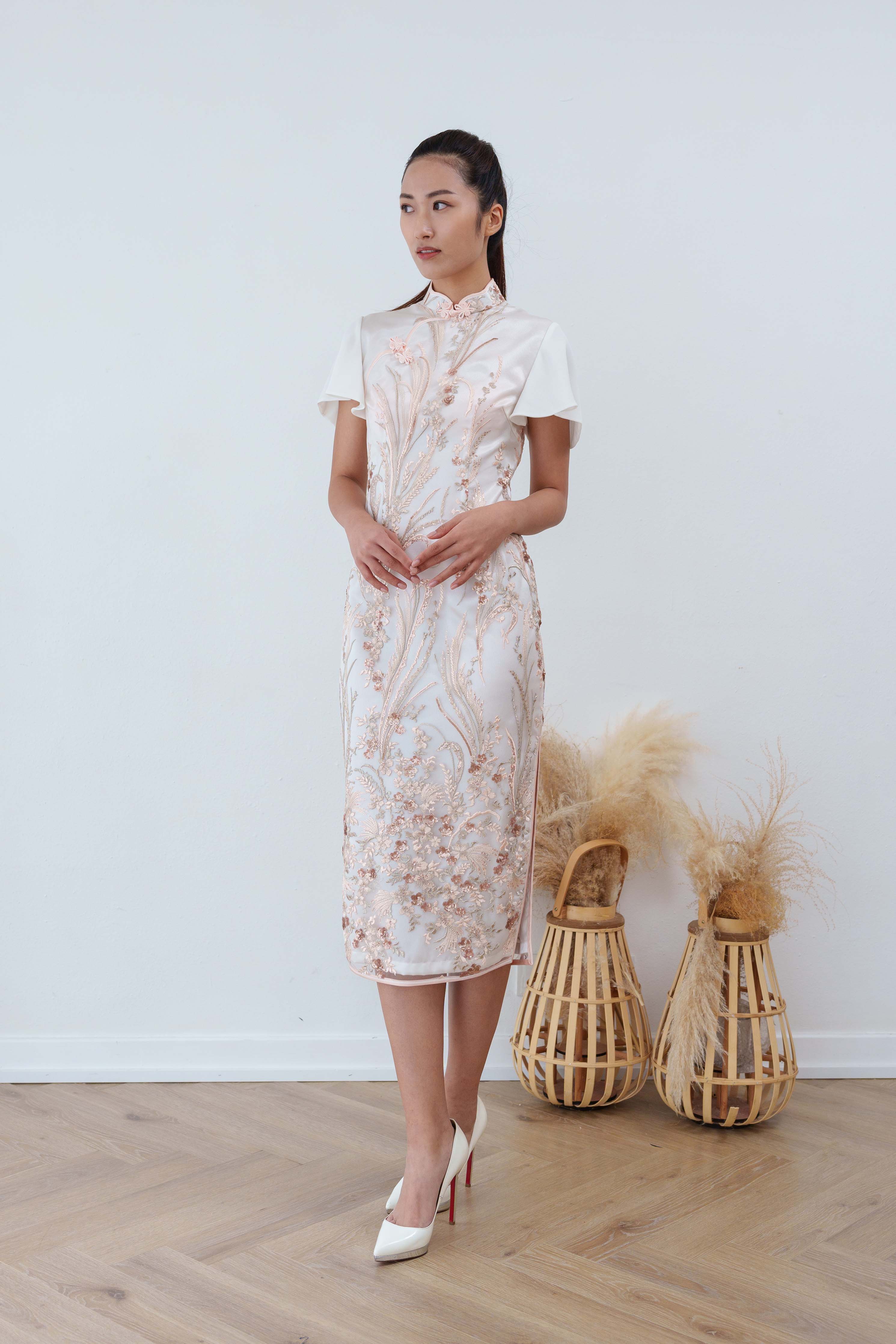 Periwinkle Lace Qipao with Flutter Sleeves