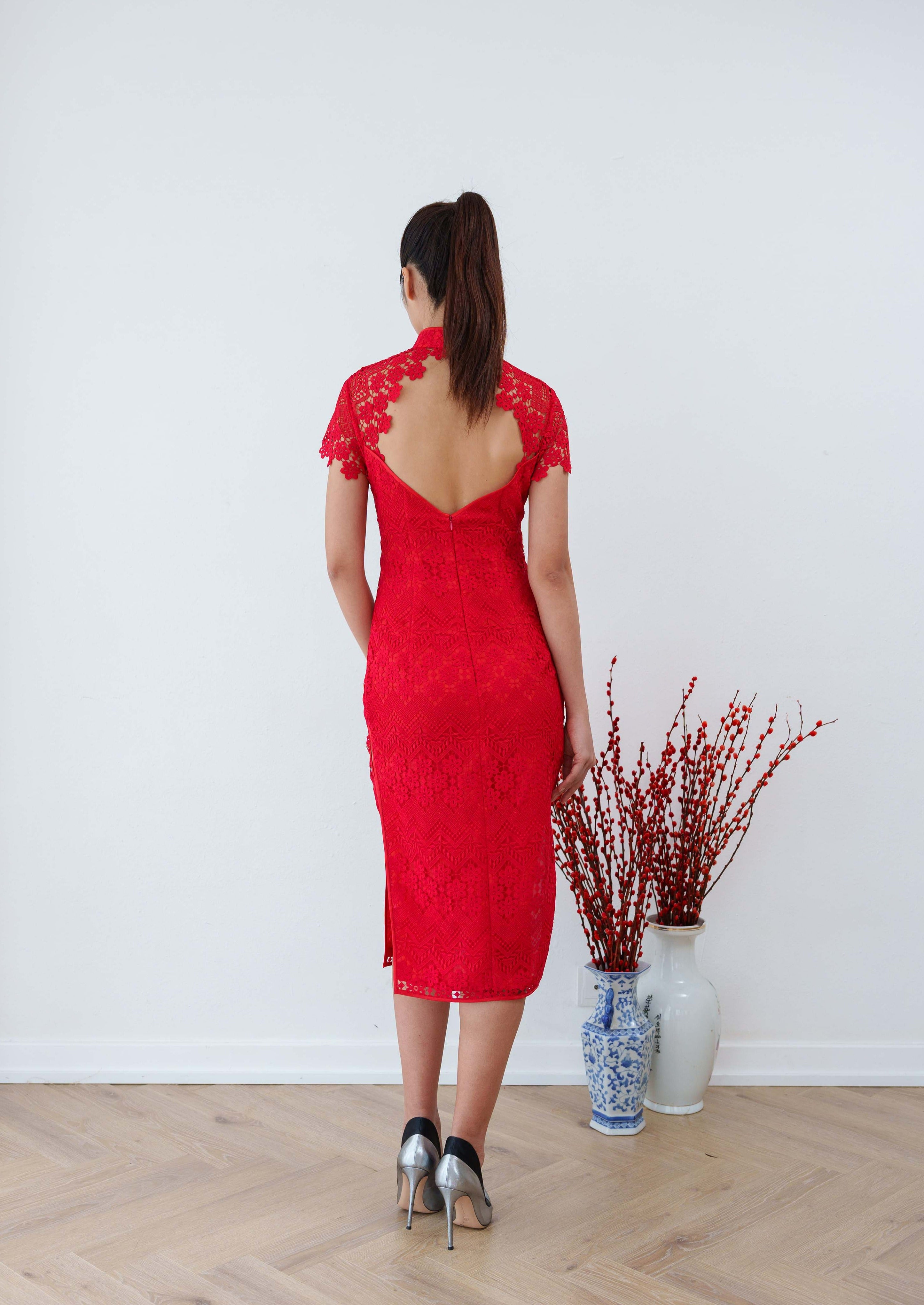 Day Lily Open Back Lace Qipao - RTW